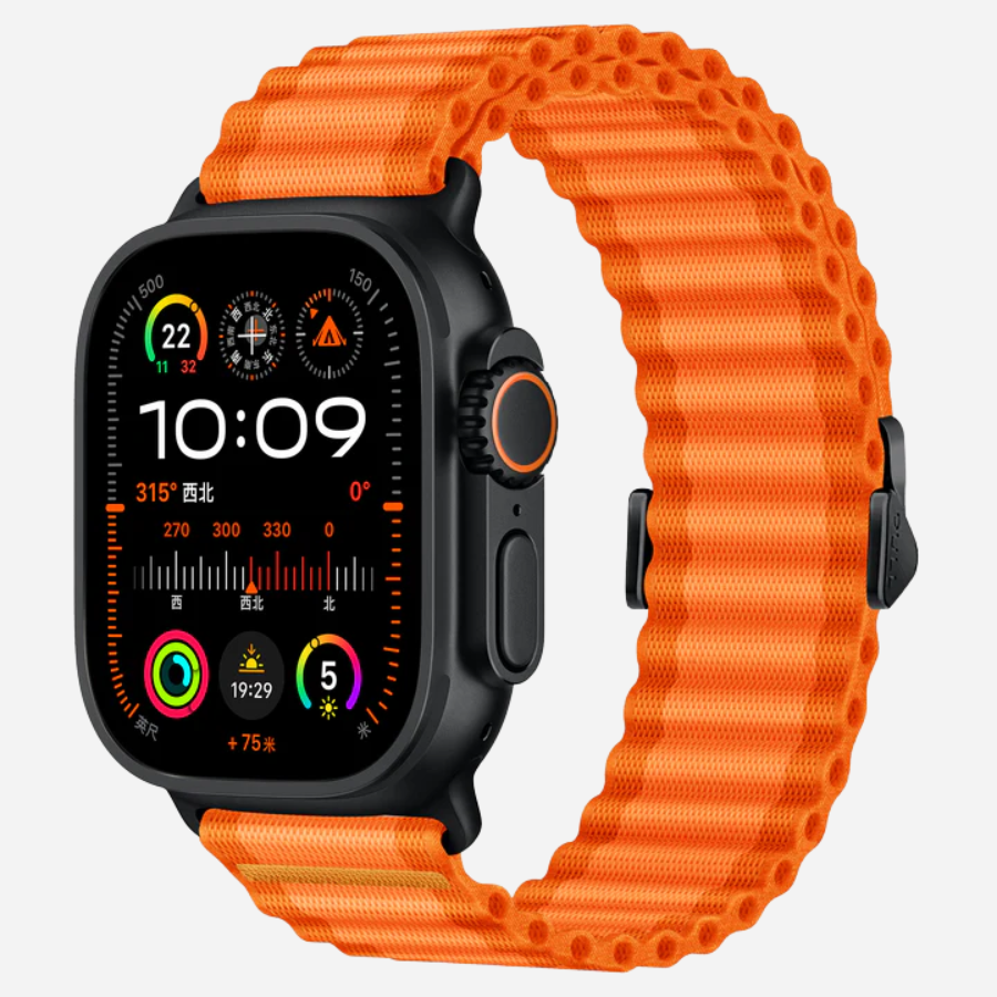 Apple Watch Nylon Armband in Orange mit schwarzem Verschluss von bandkult – auffällig, funktional & sicher im Halt.