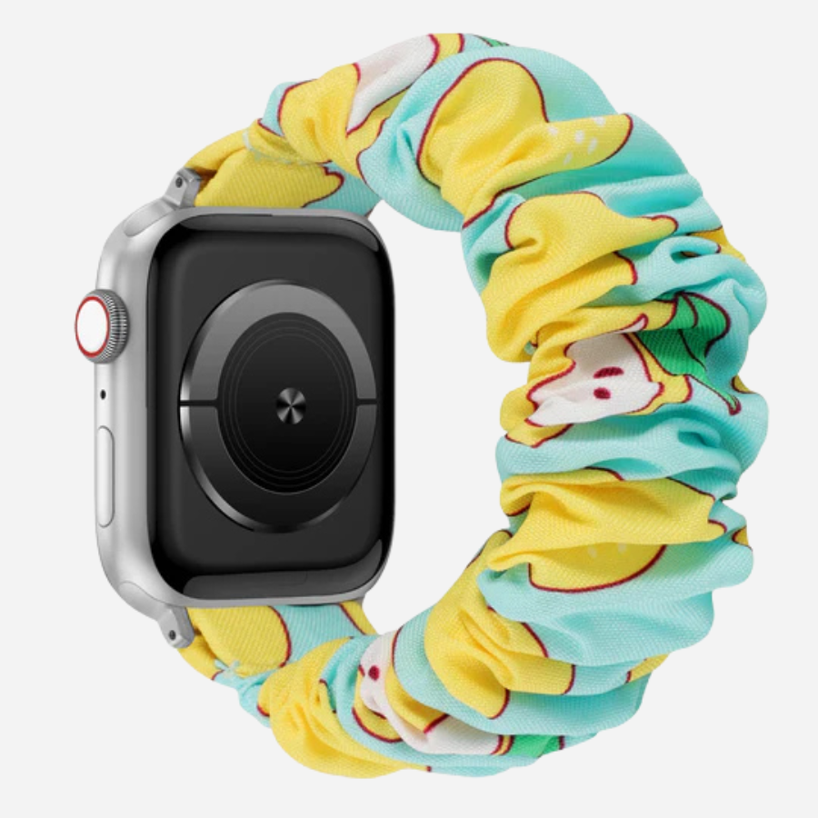 Apple Watch Scrunchie Armband „Velora“ mit Zitronen-Motiv, gelb-weiß elastisch