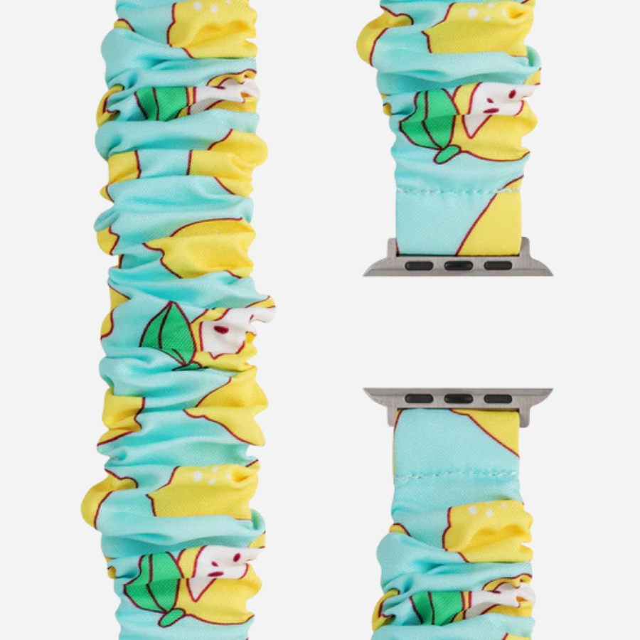 Apple Watch Scrunchie Armband „Velora“ mit Zitronen-Motiv, gelb-weiß elastisch