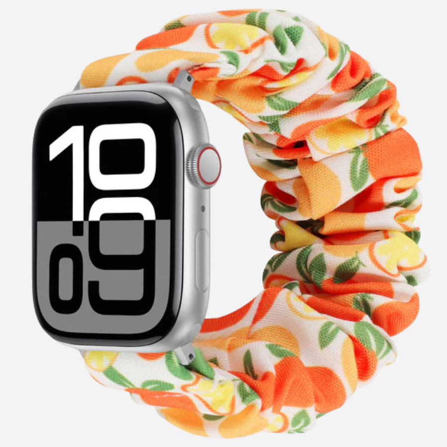 Apple Watch Scrunchie Armband „Velora“ mit Orangen-Frucht-Motiv, farbenfroh