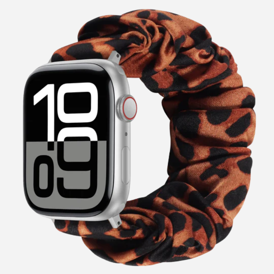 Apple Watch Scrunchie Armband „Velora“ im Leopard-Design, braun-schwarz gemustert, elastisch im Scrunchie-Stil