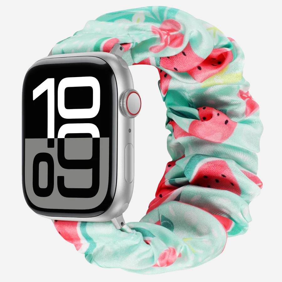 Apple Watch Scrunchie Armband „Velora“ mit Wassermelonen-Motiv auf mintgrünem Stoff, elastisch im Scrunchie-Design
