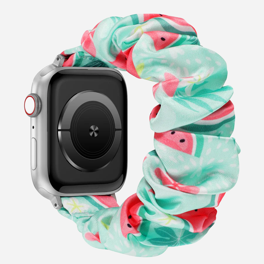 Apple Watch Scrunchie Armband „Velora“ mit Wassermelonen-Motiv auf mintgrünem Stoff, elastisch im Scrunchie-Design