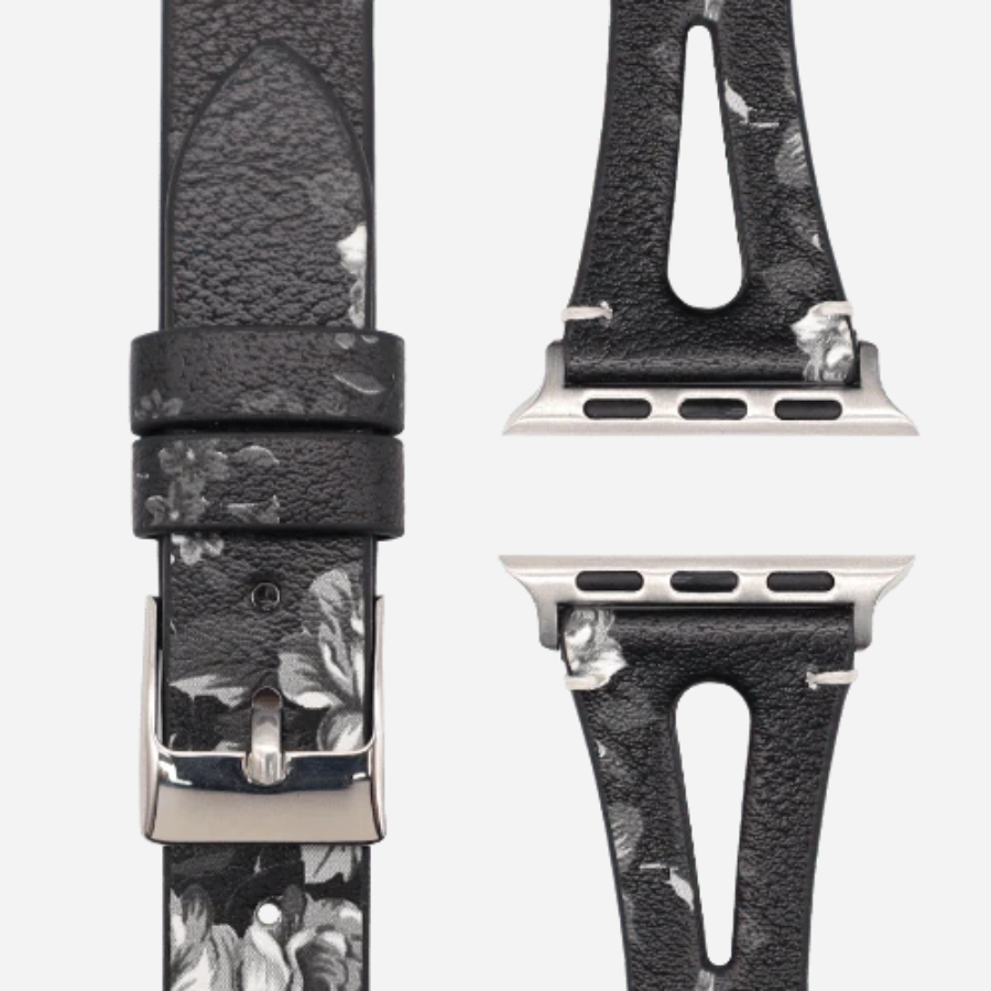 Schmales florales Kunstleder Armband in Schwarz-Weiß für Apple Watch – kompatibel mit Series 1–10, SE, Ultra & Ultra 2