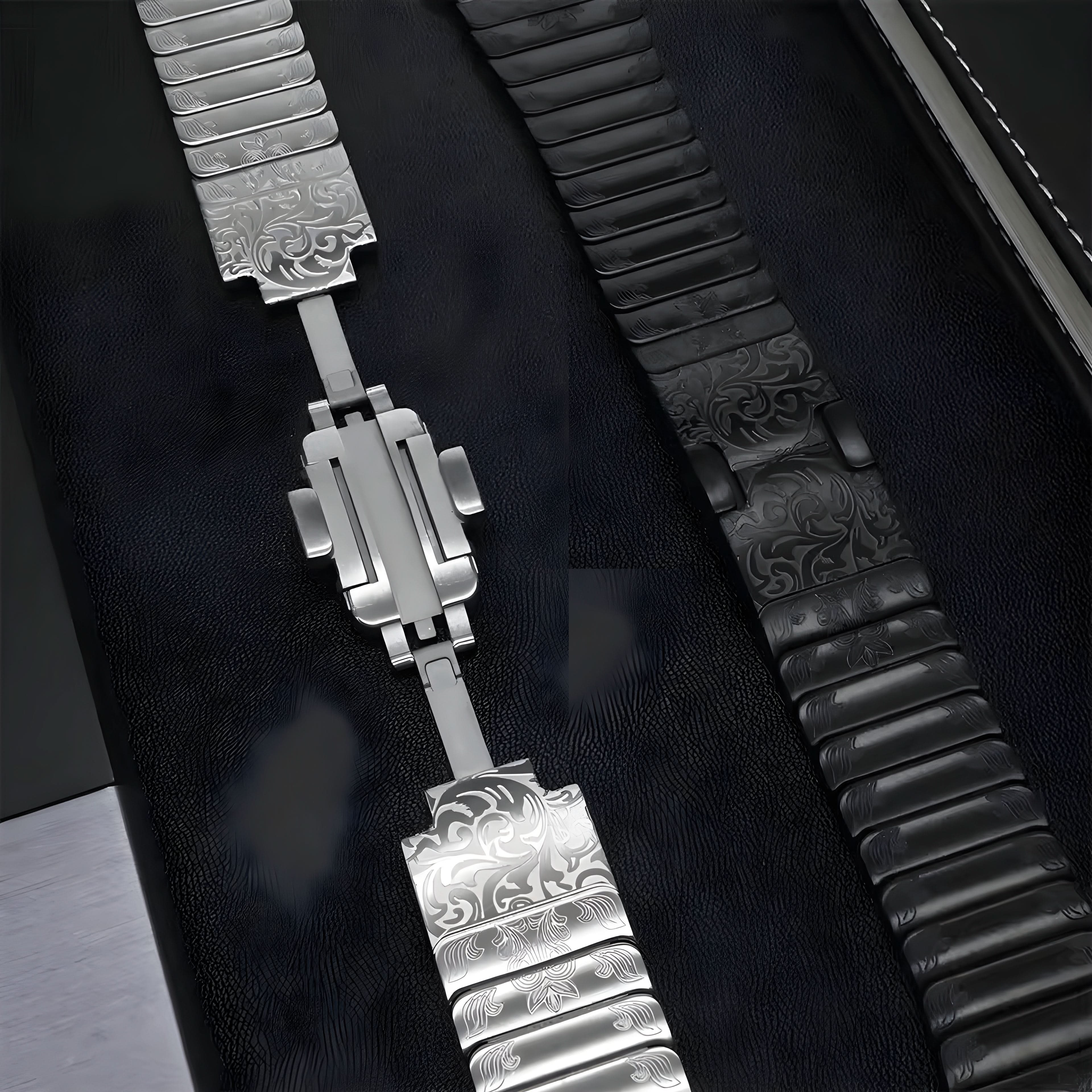 Bracelet SteelCrest™ de luxe en acier inoxydable avec gravure pour Apple Watch (38–49 mm) – Compatible avec les séries 1 à 11, SE (1re à 3e génération), Ultra, Ultra 2 et Ultra 3.