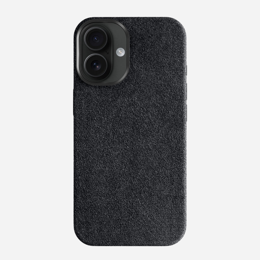 Edle iPhone 17 Hülle aus Alcantara – schwarzes Stoff-Case, Rückseite gerade Ansicht