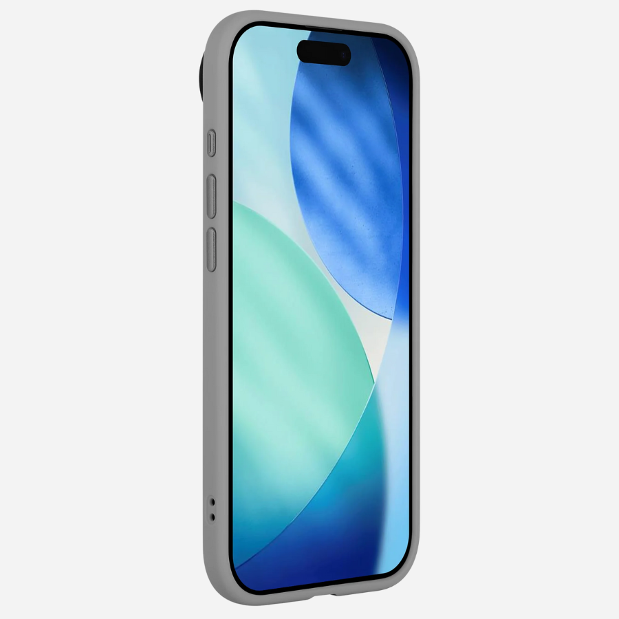 Housse iPhone Air Bandkult Gris – vue frontale inclinée avec un cadre TPU mince, bord d'écran surélevé et découpes précises.