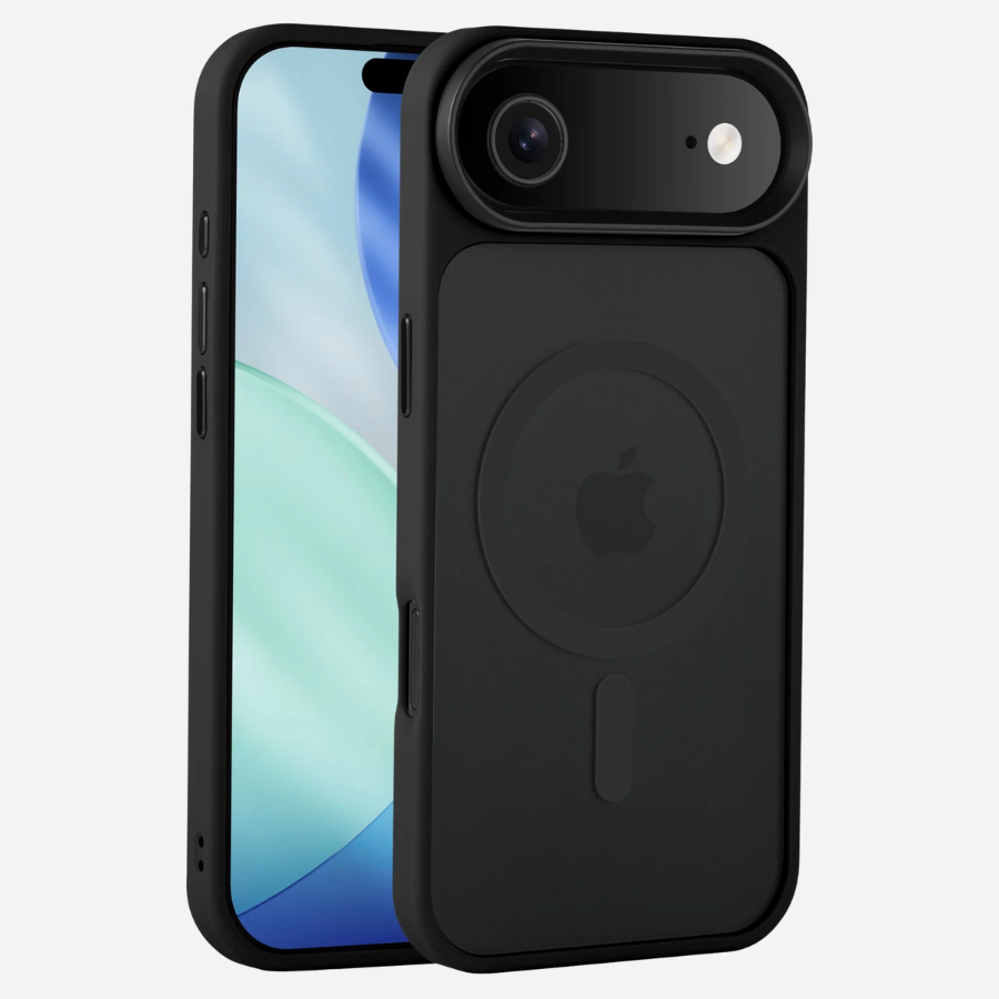 Housse iPhone Air Bandkult noire – Photo du devant et de l'arrière ; dos mat avec anneau MagSafe, cadre mince.