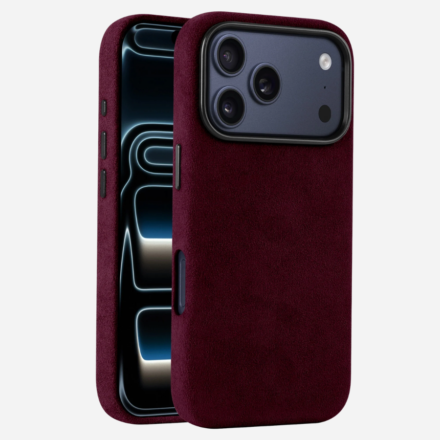 iPhone 17 Pro Alcantara® Case in Bordeaux – Vorder- und Rückseite im Detail