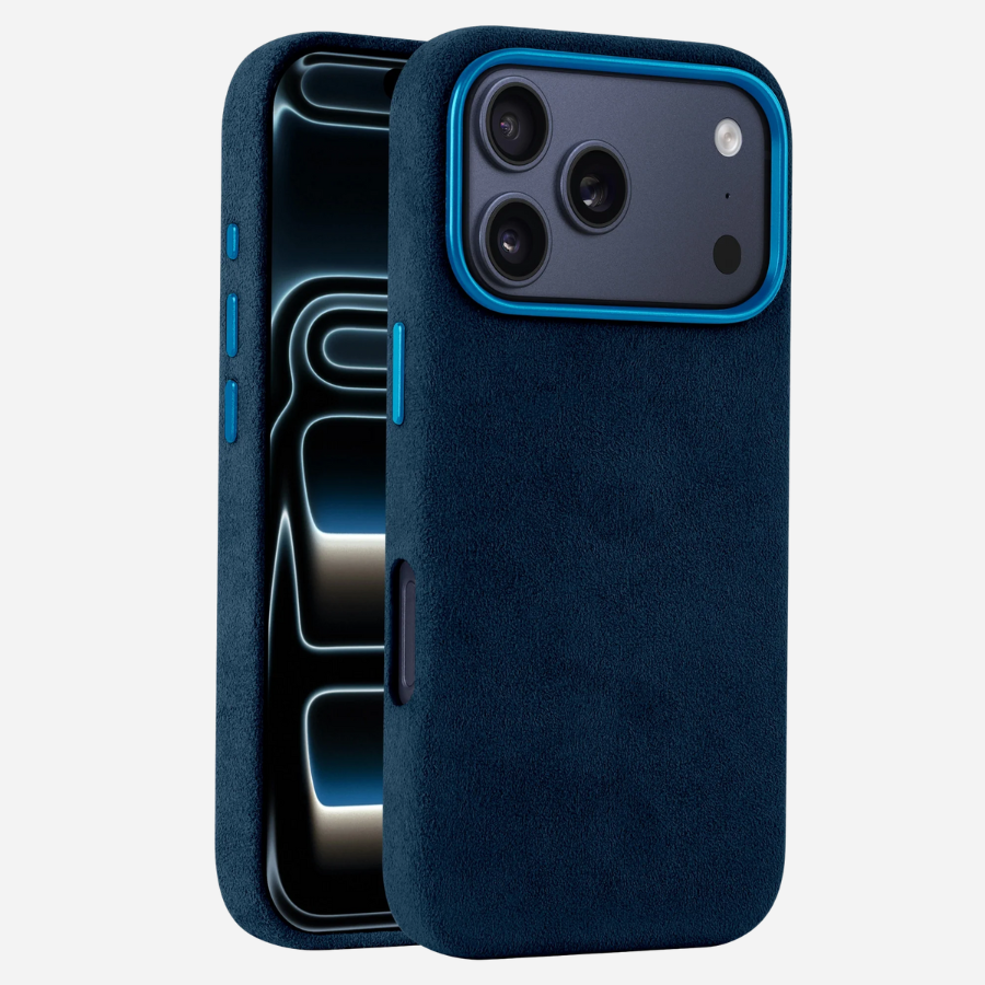 iPhone 17 Pro Max Alcantara® Case in Blau – Vorderansicht und Rückansicht kombiniert