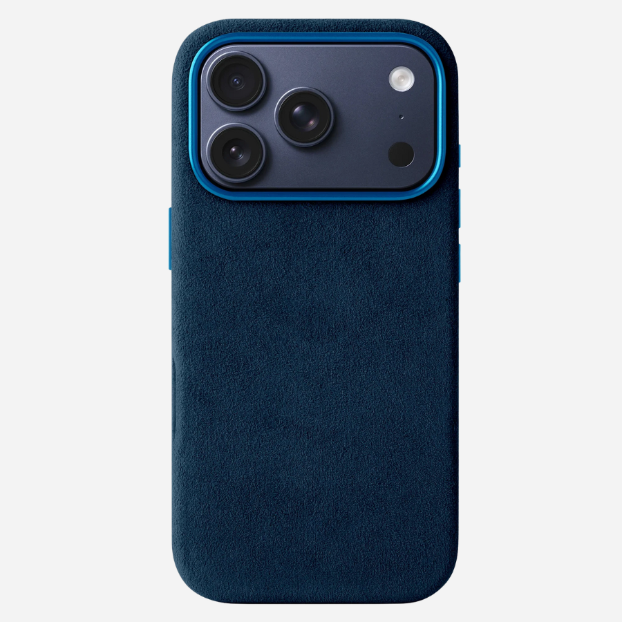 Luxuriöse iPhone 17 Pro Max Hülle aus Alcantara® in Blau – samtige Wildleder-Optik