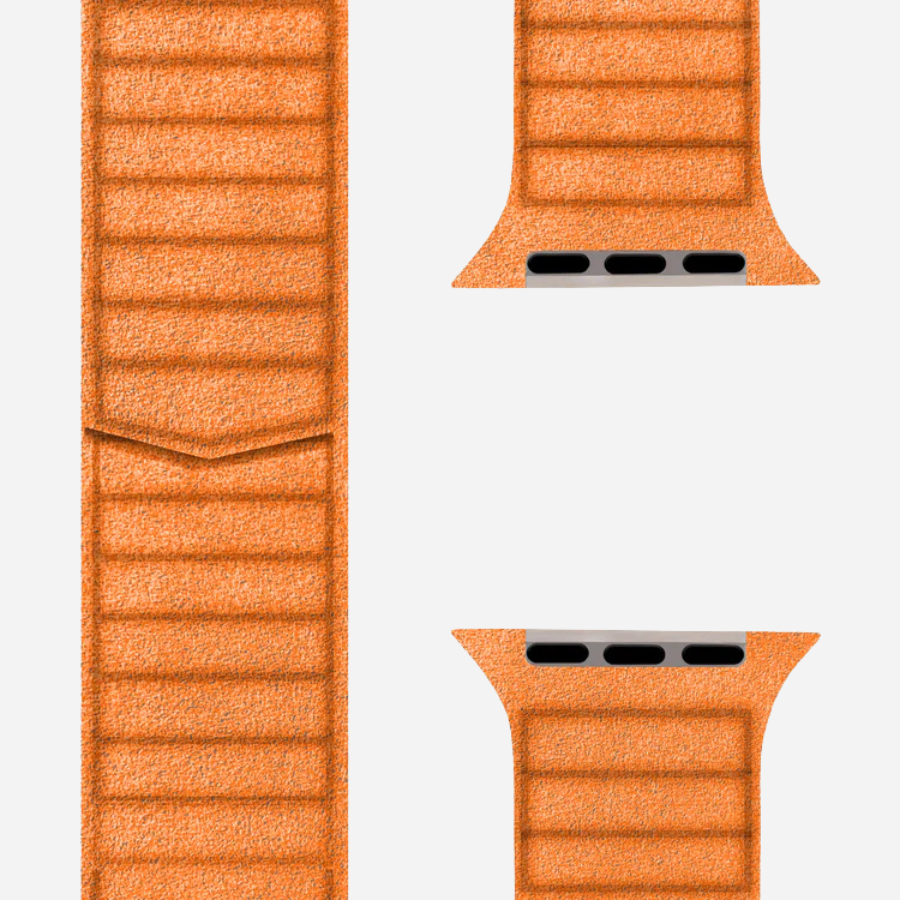 Leuchtend oranges Apple Watch Armband aus Alcantara von bandkult – sportlich, auffällig & angenehm zu tragen.