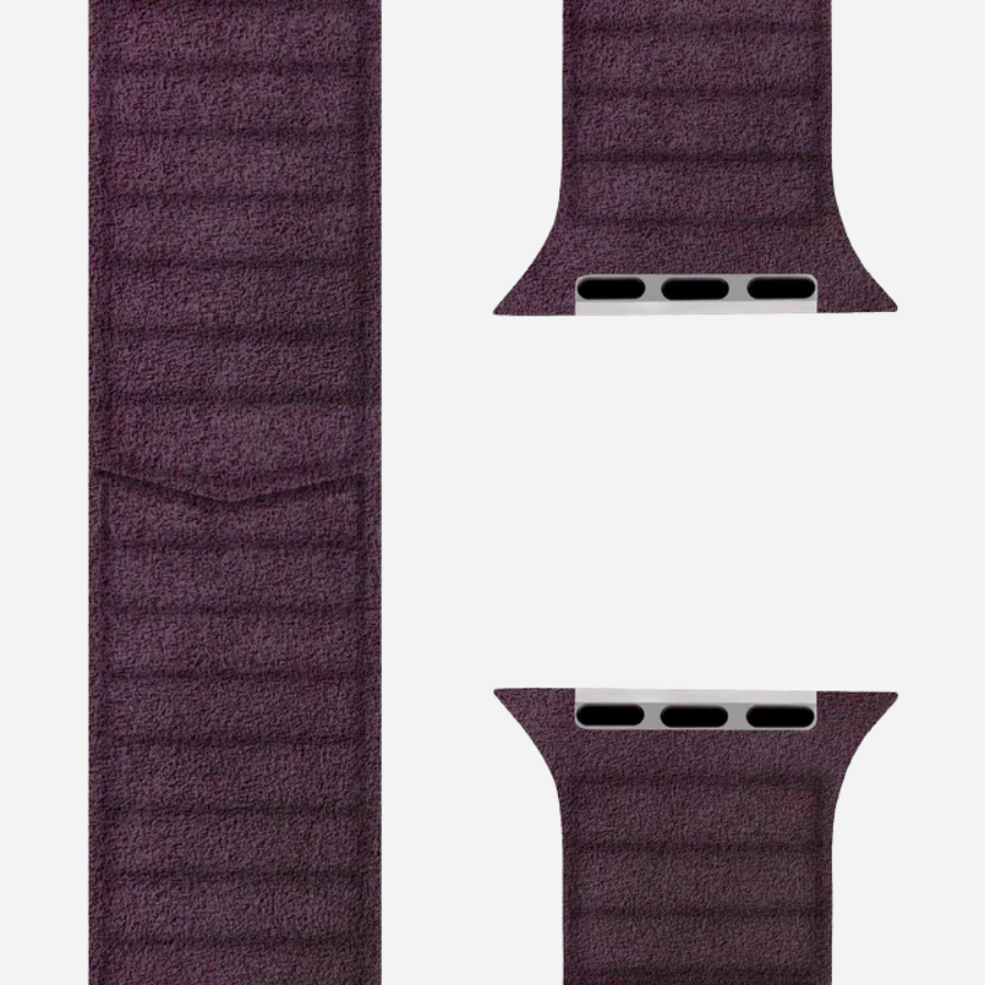 Apple Watch Alcantara Armband in Dunkelviolett von bandkult – markanter, satter Farbton für ein individuelles Handgelenk-Statement.