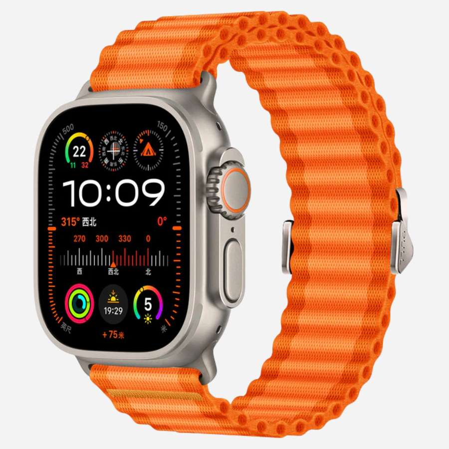 Apple Watch Nylon Armband in Orange mit hellem Verschluss von bandkult – farbenstark, sportlich & perfekt für dein Handgelenk.