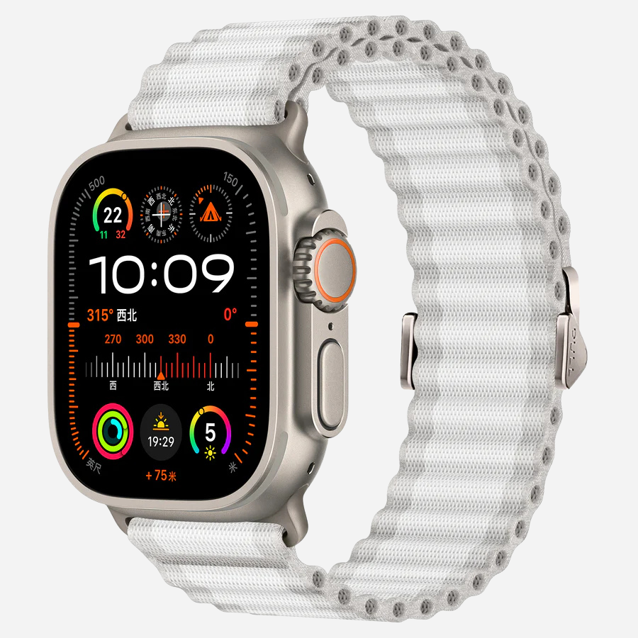 Apple Watch Nylon Armband in Weiß mit hellem Verschluss von bandkult – atmungsaktiv, sportlich & perfekt für den Alltag.