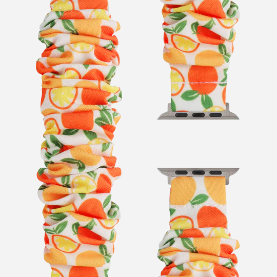 Apple Watch Scrunchie Armband „Velora“ mit Orangen-Frucht-Motiv, farbenfroh