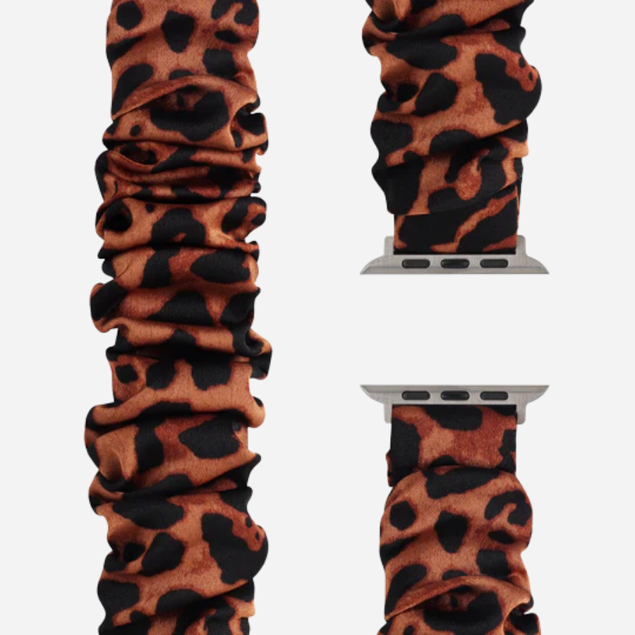 Apple Watch Scrunchie Armband „Velora“ im Leopard-Design, braun-schwarz gemustert, elastisch im Scrunchie-Stil