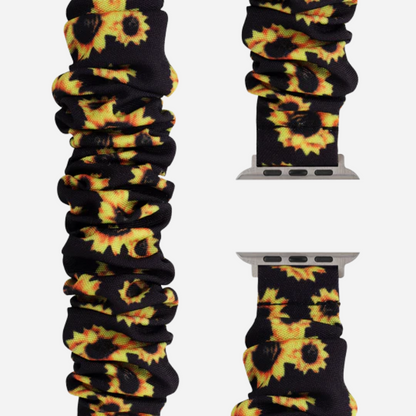 Apple Watch Scrunchie Armband „Velora“ mit Sonnenblumen-Motiv auf schwarzem Stoff, elastisch im Scrunchie-Design