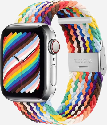Bracelet en nylon tressé bandkult® pour Apple Watch avec fermoir pliable – Arc-en-ciel (38–49 mm) – Compatible avec les séries 1 à 11, SE (1re à 3e génération), Ultra, Ultra 2 et Ultra 3