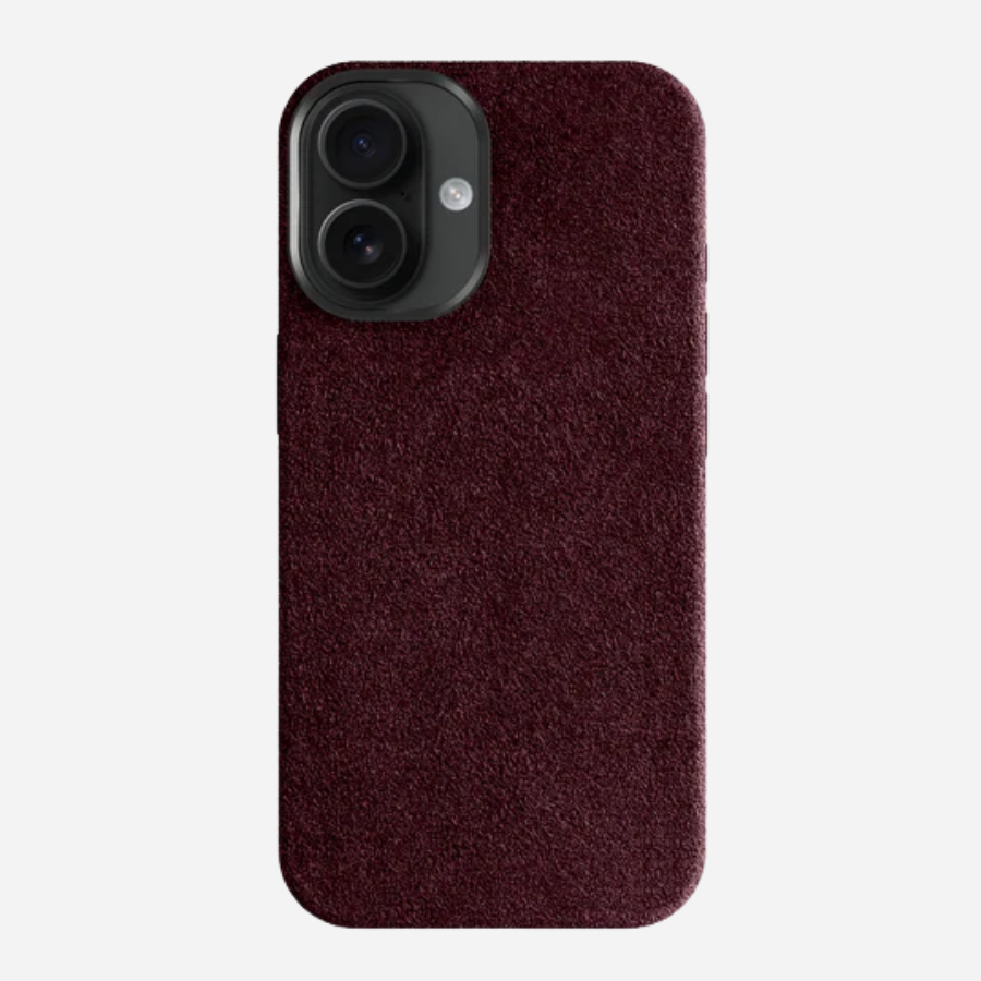 Edle iPhone 17 Hülle aus Alcantara – bordeauxrote Stoffoptik, Rückseite gerade Ansicht
