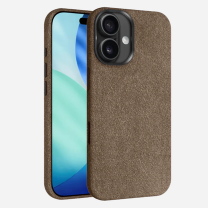 iPhone 17 Alcantara Hülle – hochwertige braune Stoff-Schutzhülle mit Vorder- und Rückansicht