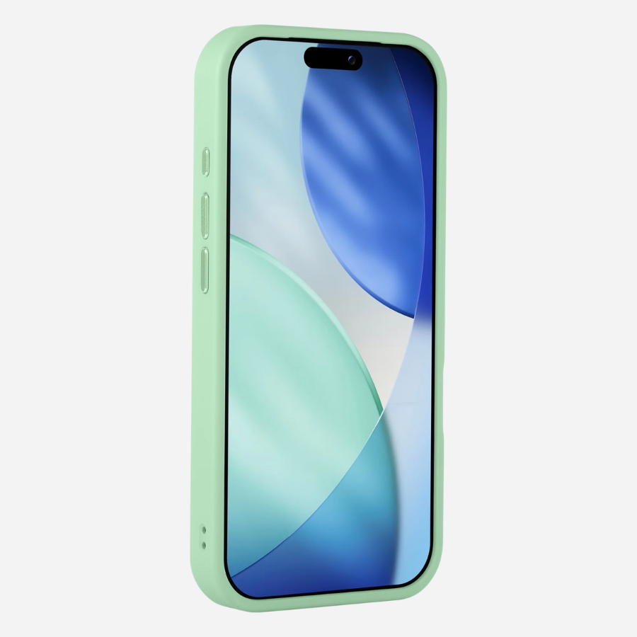 Schräg vorn: iPhone 17 Pro Max im mintgrünen Bandkult Solid Case, erhöhter Displayrand für zusätzlichen Schutz.