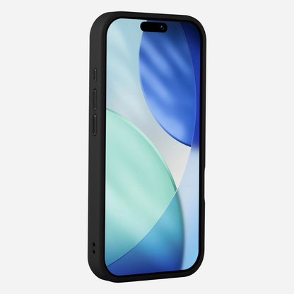 Schräg vorn: iPhone 17 Pro Max im bandkult Solid Case, erhöhter Displayrand für zusätzlichen Schutz.