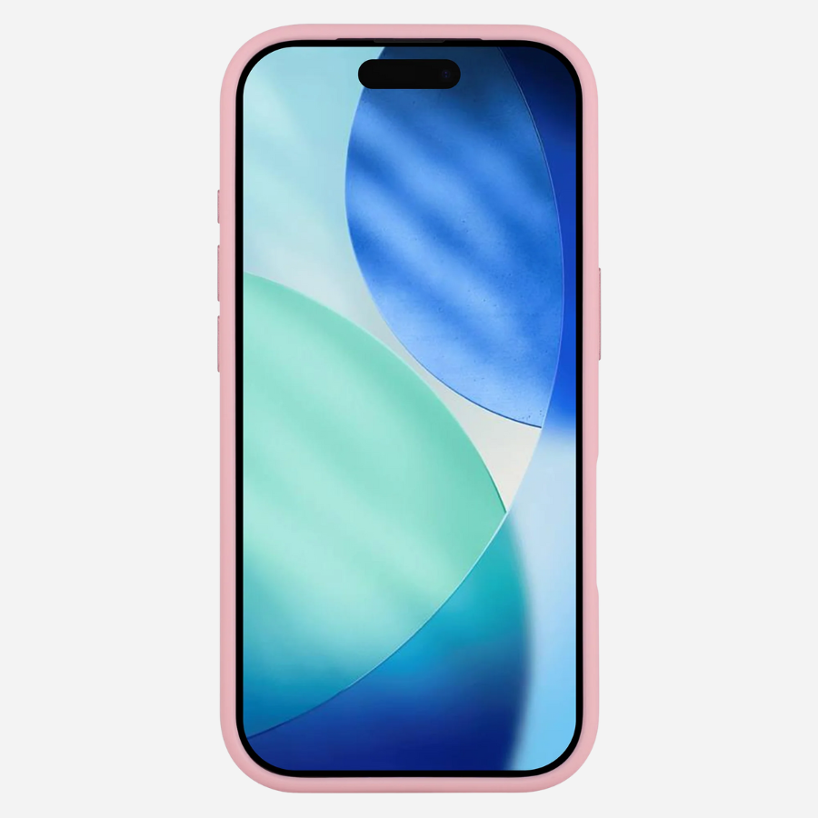 Vorn: iPhone 17 Pro Max im pinken Bandkult Solid Case, erhöhter Displayrand für zusätzlichen Schutz.