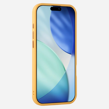 Coque iPhone Bandkult, coque solide mate en jaune – vue de face inclinée avec un cadre TPU mince, protection d'écran surélevée, boutons en métal.