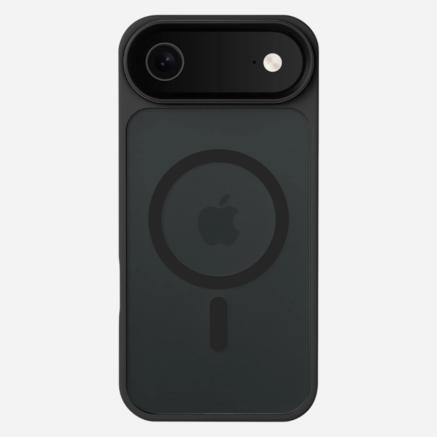 Coque iPhone Air Bandkult Noir – Vue arrière ; dos en PC sombre avec anneau MagSafe et rebord de caméra renforcé.