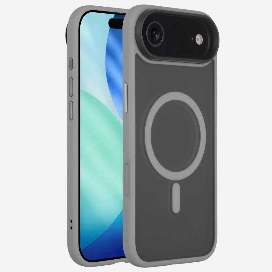Housse d'iPhone Air Bandkult gris – Photo du set de l'avant et de l'arrière ; cadre gris, dos sombre avec anneau MagSafe, protection de la caméra.