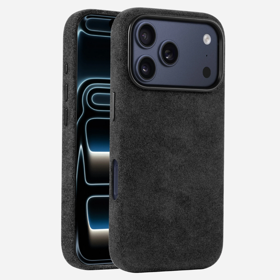 iPhone 17 Pro Hülle aus Alcantara® in Schwarz – Vorder- und Rückansicht