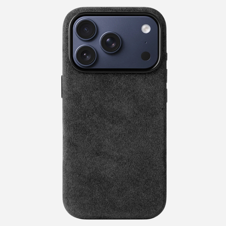 iPhone 17 Pro Max Hülle aus Alcantara® in Schwarz – Vorder- und Rückansicht